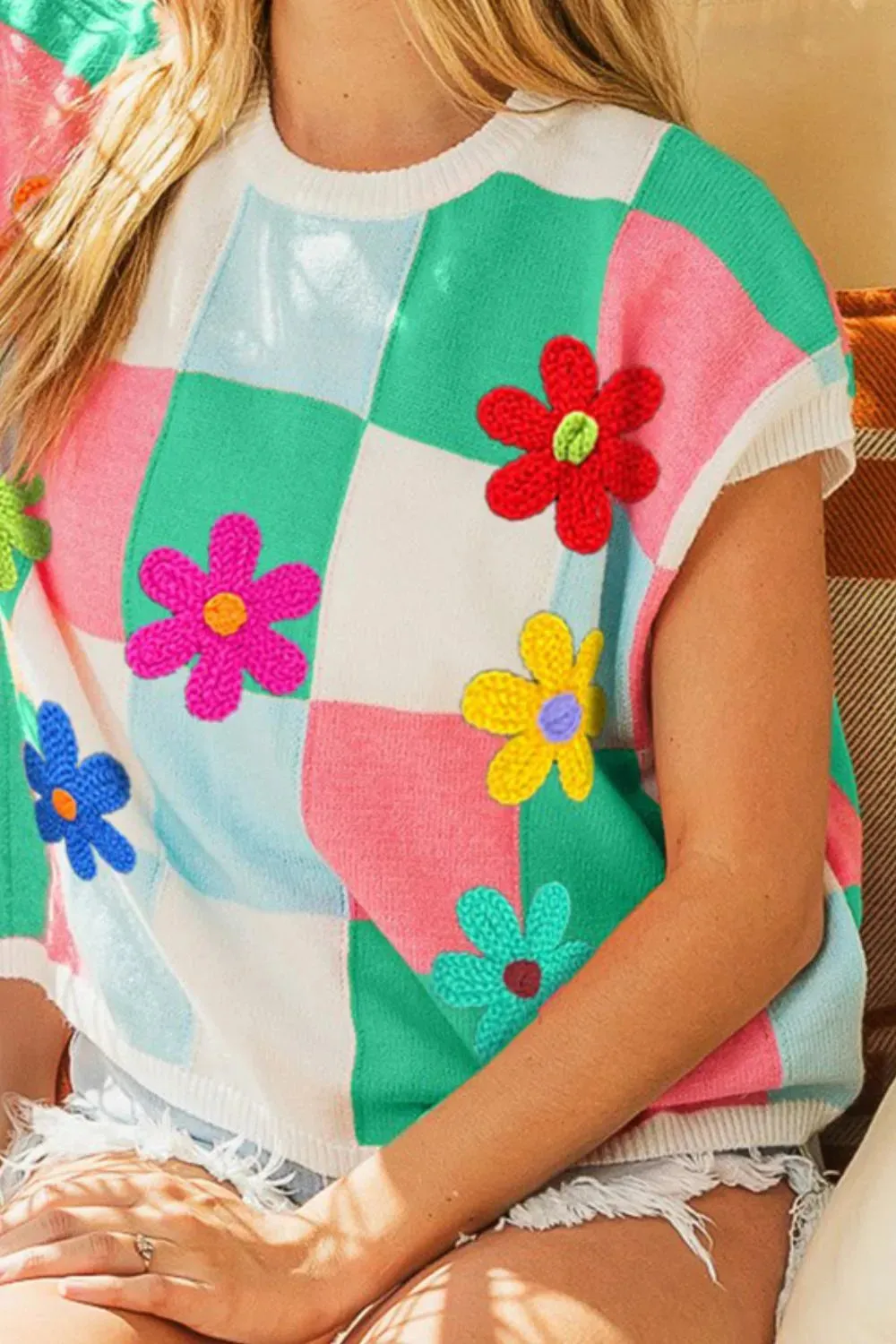 Flower Patch Checkered Sweater Vest