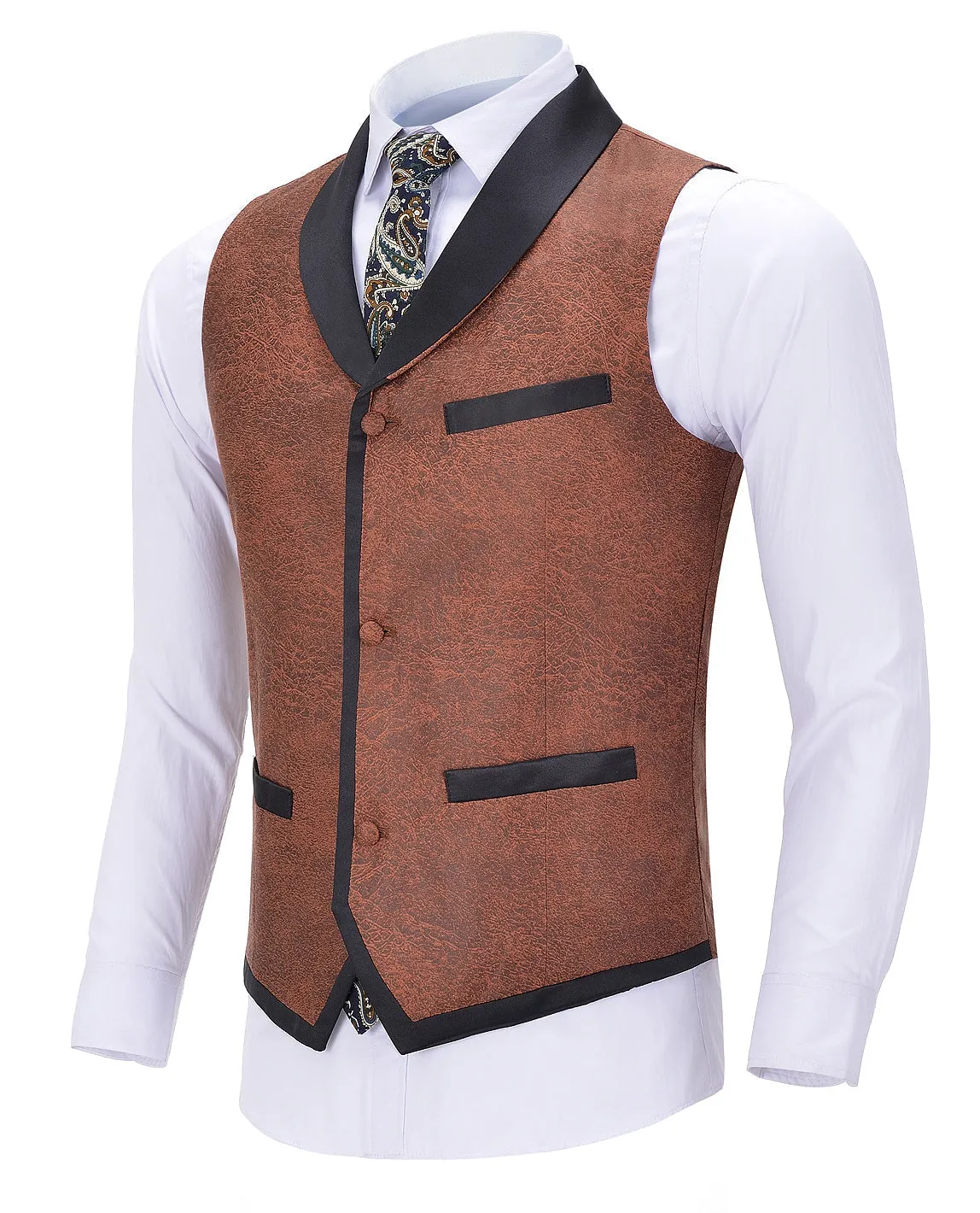 Formal Orange Suit Vest Slim Fit Patterned Shawl Lapel Waistcoat