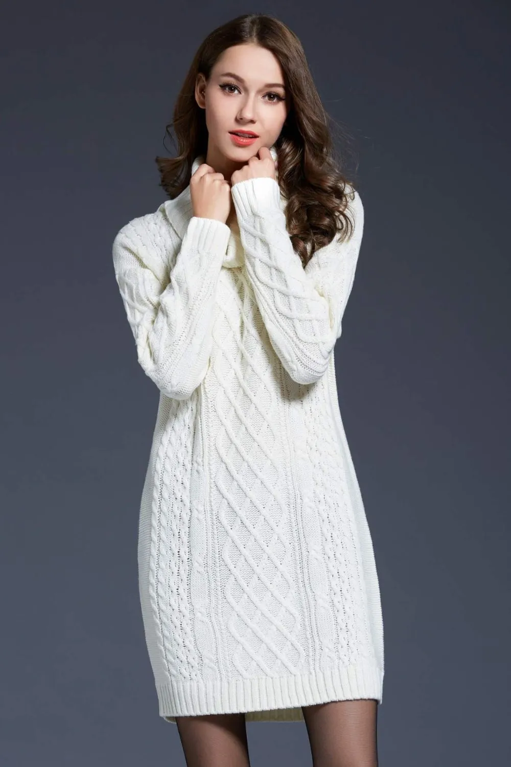 Full Size Mixed Knit Cowl Neck Dropped Shoulder Sweater Dress