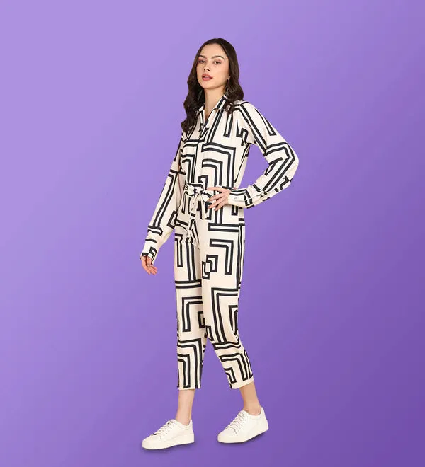 Geometric Printed Black And White Ladies Jumpsuit