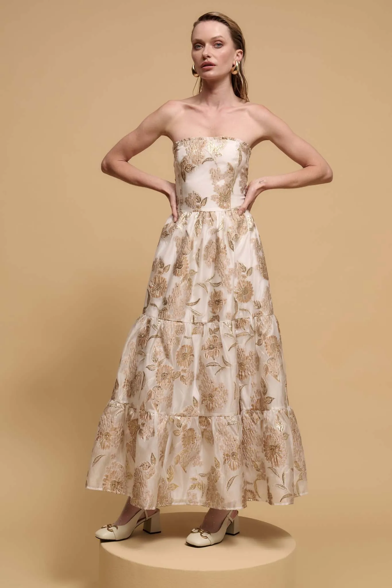 Gilded Garland Metallic Floral Brocade Maxi Dress