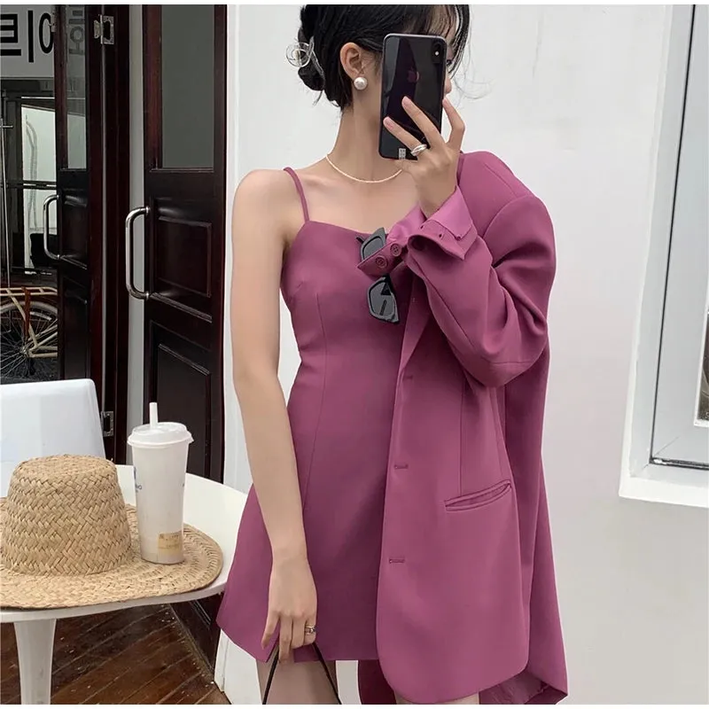 Girlary Casual Blazer Women Loose Fashion Elegant Sweet Slip Dress Sets Female 2024 Spring New Korean Solid Long Sleeves Set 2 Pieces