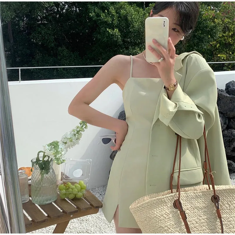 Girlary Casual Blazer Women Loose Fashion Elegant Sweet Slip Dress Sets Female 2024 Spring New Korean Solid Long Sleeves Set 2 Pieces