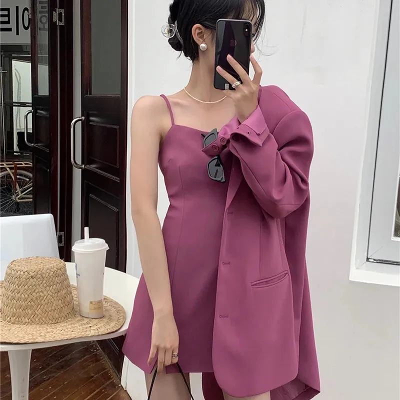 Girlary Casual Blazer Women Loose Fashion Elegant Sweet Slip Dress Sets Female 2024 Spring New Korean Solid Long Sleeves Set 2 Pieces