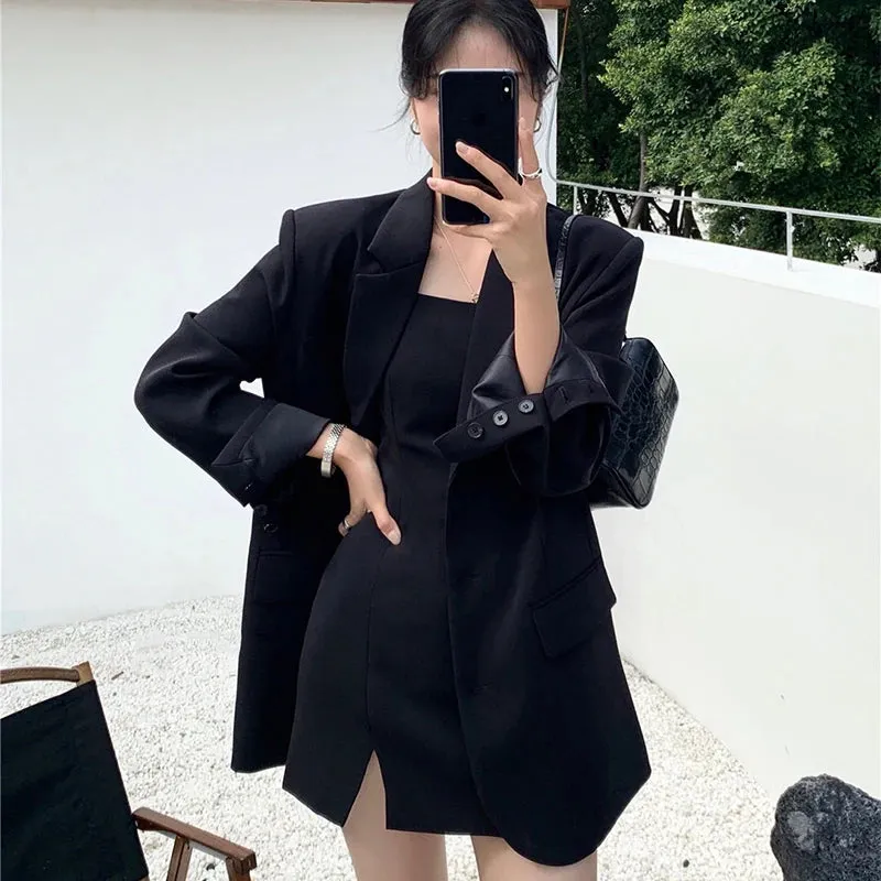 Girlary Casual Blazer Women Loose Fashion Elegant Sweet Slip Dress Sets Female 2024 Spring New Korean Solid Long Sleeves Set 2 Pieces