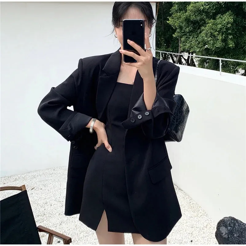 Girlary Casual Blazer Women Loose Fashion Elegant Sweet Slip Dress Sets Female 2024 Spring New Korean Solid Long Sleeves Set 2 Pieces