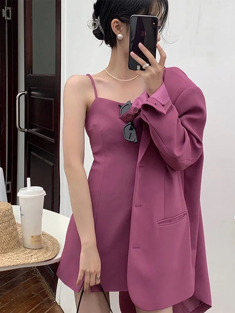 Girlary Casual Blazer Women Loose Fashion Elegant Sweet Slip Dress Sets Female 2024 Spring New Korean Solid Long Sleeves Set 2 Pieces