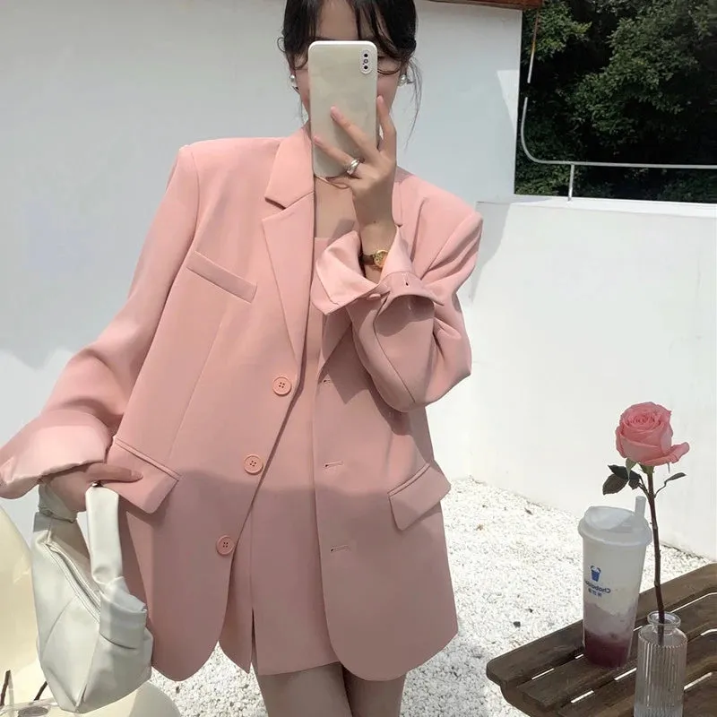 Girlary Casual Blazer Women Loose Fashion Elegant Sweet Slip Dress Sets Female 2024 Spring New Korean Solid Long Sleeves Set 2 Pieces