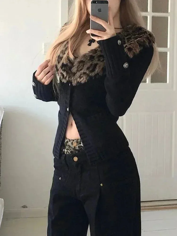 Girlary Leopard Cardigan Women Japanese Gyaru V-neck Long Sleeve Streetwear Slim Sexy Cardigan Sweater Y2k Vintage Top Autuam