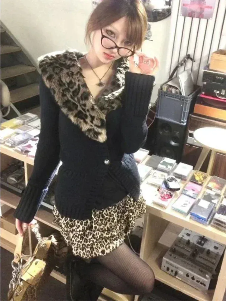 Girlary Leopard Cardigan Women Japanese Gyaru V-neck Long Sleeve Streetwear Slim Sexy Cardigan Sweater Y2k Vintage Top Autuam