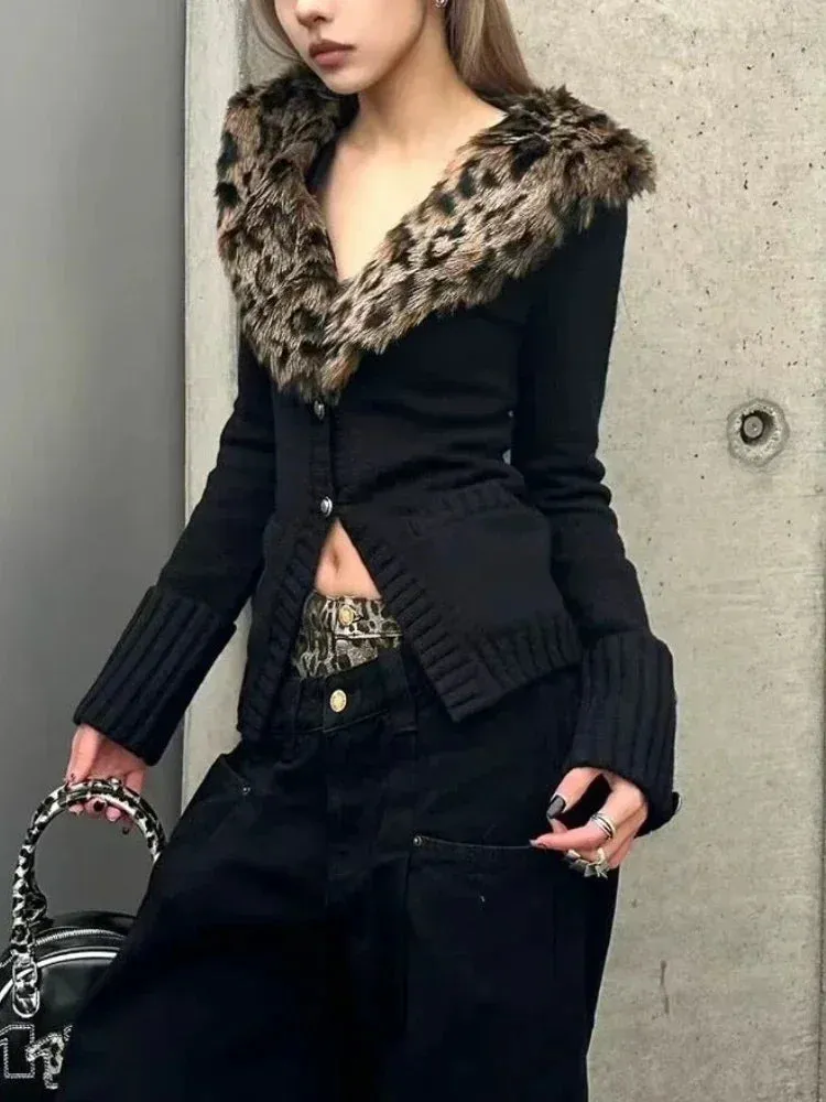 Girlary Leopard Cardigan Women Japanese Gyaru V-neck Long Sleeve Streetwear Slim Sexy Cardigan Sweater Y2k Vintage Top Autuam