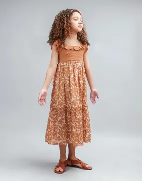 GIRLS SWEATER KNIT BODICE WITH FLORAL PRINT MAXI DRESS