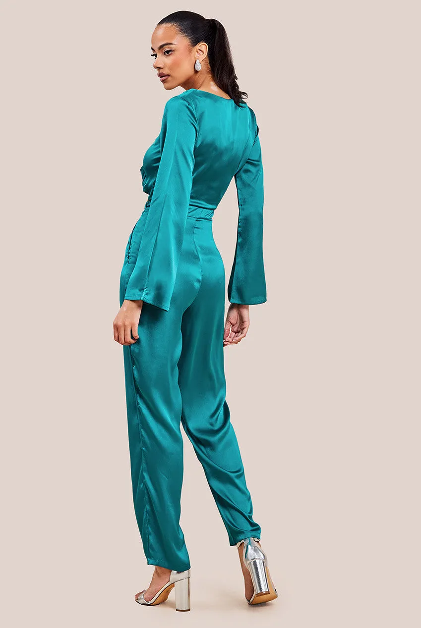 Goddiva Cut Out Satin Jumpsuit - Emerald