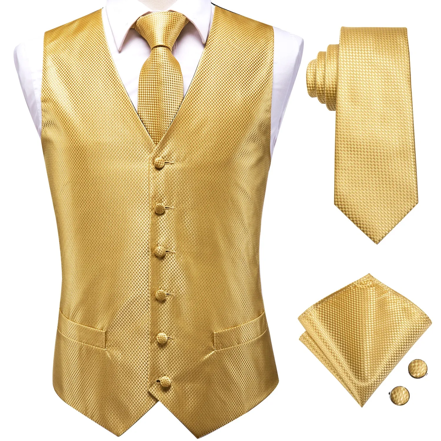 Golden Plaid Jacquard Silk Men's Vest Hanky Cufflinks Tie Set