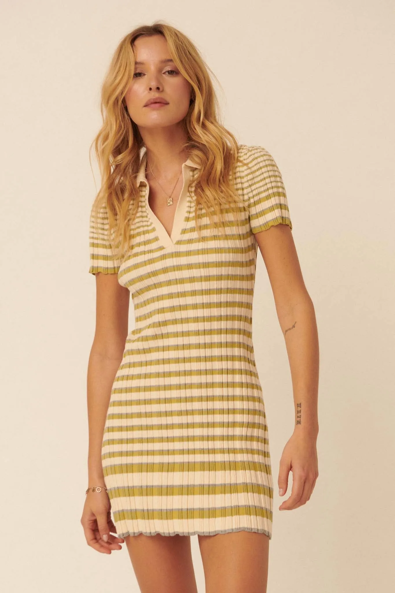 Good Sport Striped Rib-Knit Polo Mini Dress