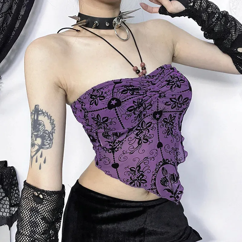 Gothic Bandeau Sexy Backless Flocked Irregular Crop Halterneck Top