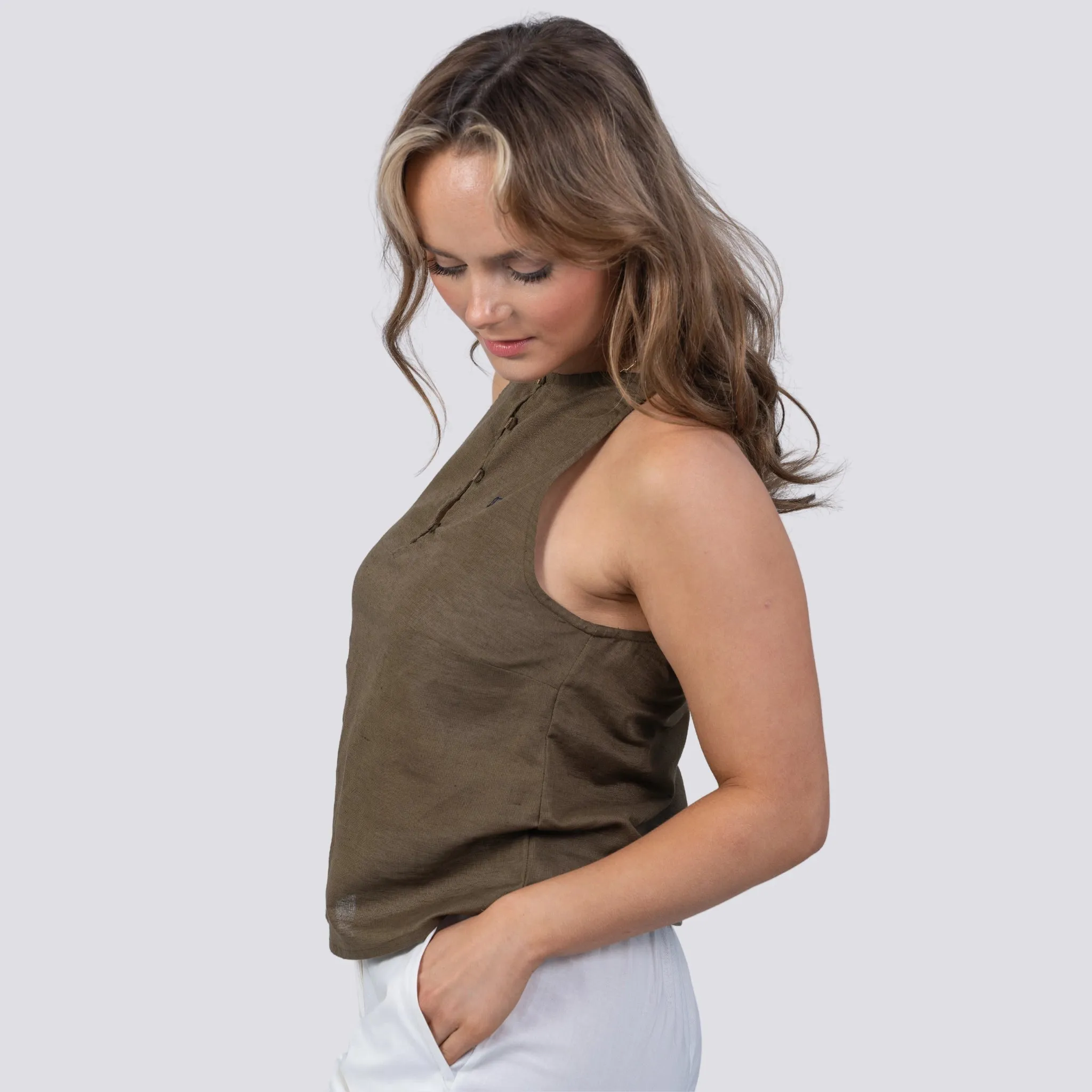 Green Cotton-Linen Cami Top