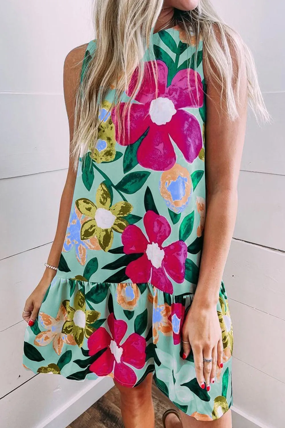 Green Floral Print Sleeveless Ruffle Hem Mini Dress