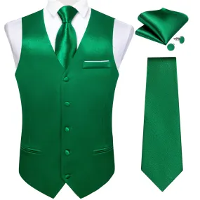 Green Solid Shining Silk Men Vest Necktie Bow Tie Handkerchief Cufflinks Set