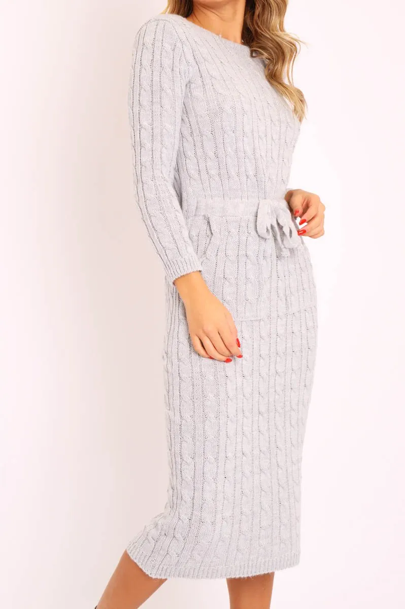 Grey Cable knit Drawstring Waist Maxi Jumper Dress - Julee