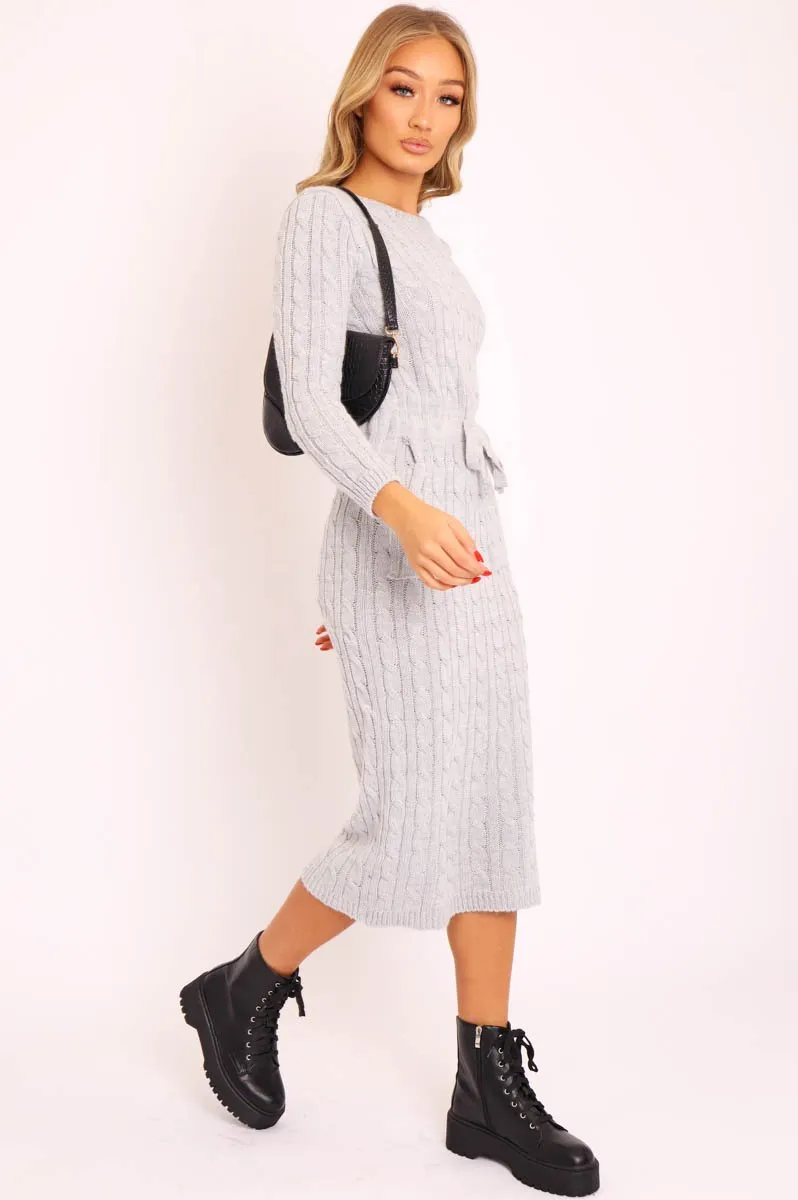 Grey Cable knit Drawstring Waist Maxi Jumper Dress - Julee