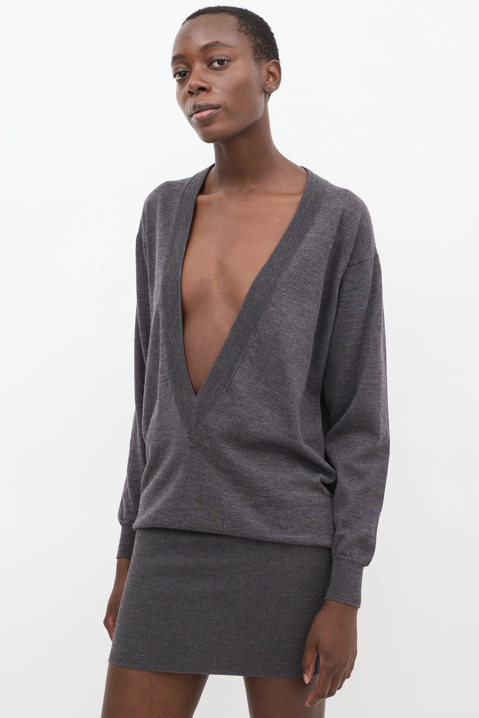 Grey Wool Plunge V-Neck Sweater Dress