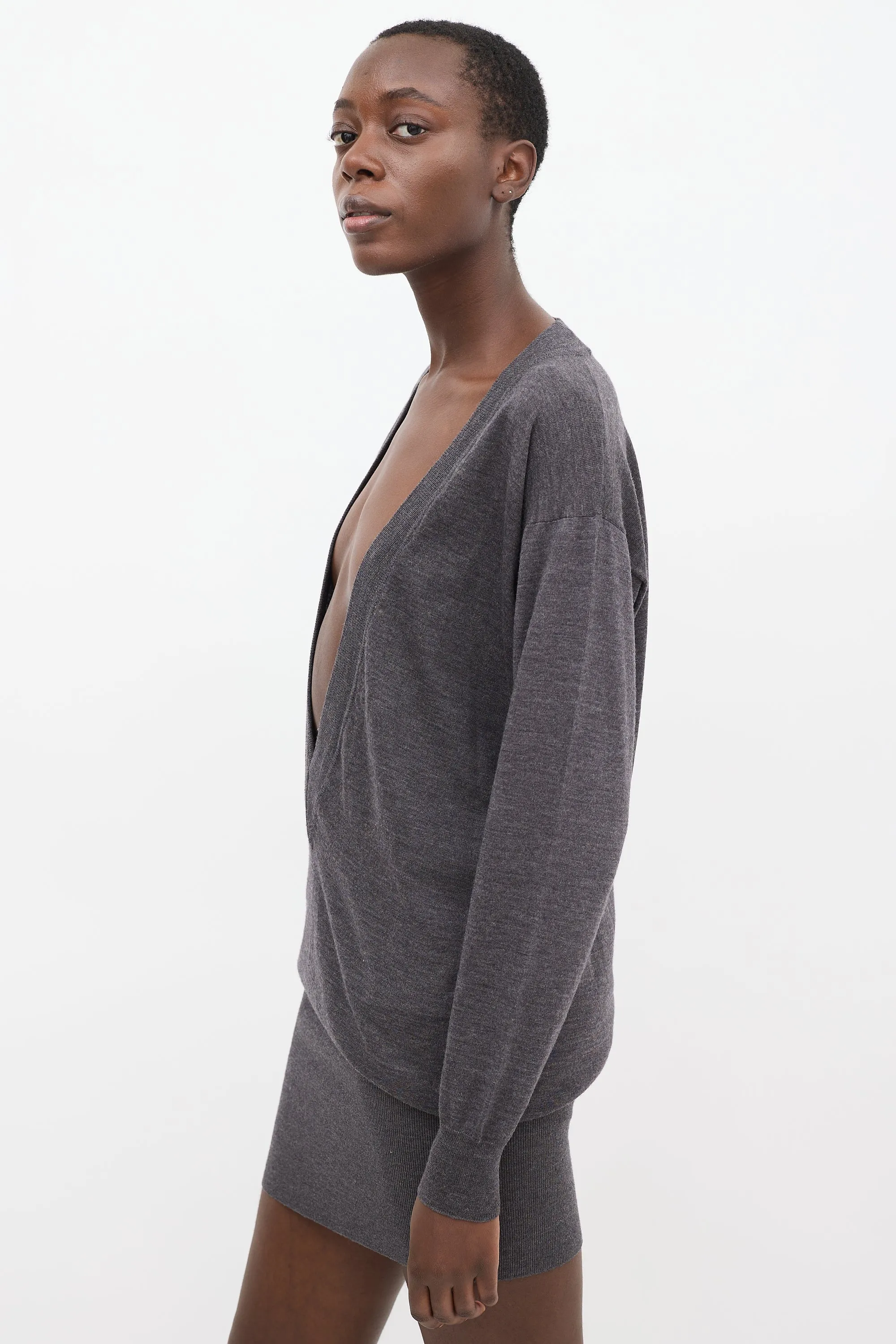 Grey Wool Plunge V-Neck Sweater Dress