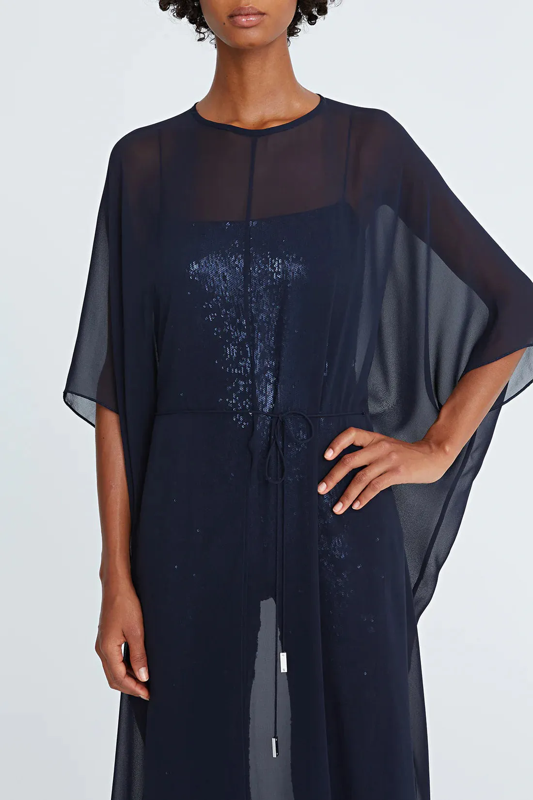 Halston spaghetti strap sequined jumpsuit zipper closure jumpsuit with chiffon caftan