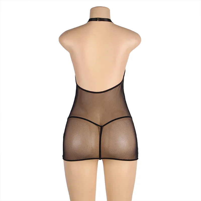 Hanging Neck Mesh Bound Garter Belt Jumpsuit