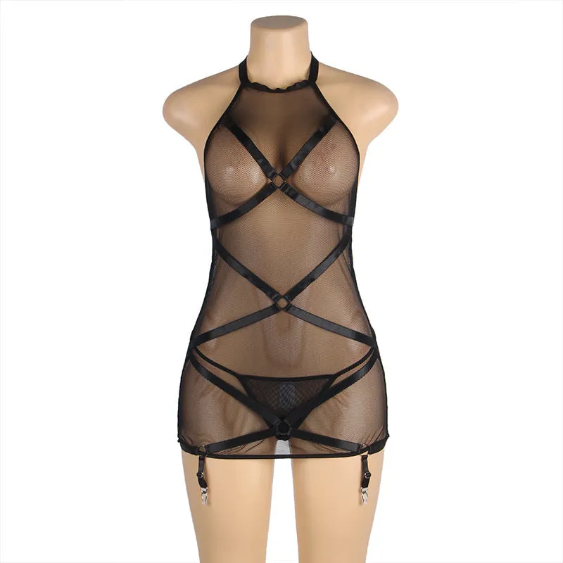 Hanging Neck Mesh Bound Garter Belt Jumpsuit