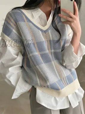 Hnewly Plaid Vest Women Spring Autumn New Vintage Sleeveless Sweater Korea Casual Ladies Knitted Vest Tops Woman Sweater Vests