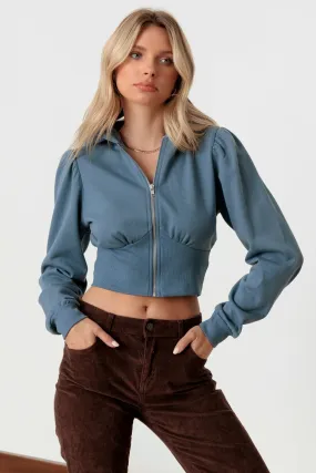 Hooded Front Zipper Long Sleeve Cropped Sweatshirt