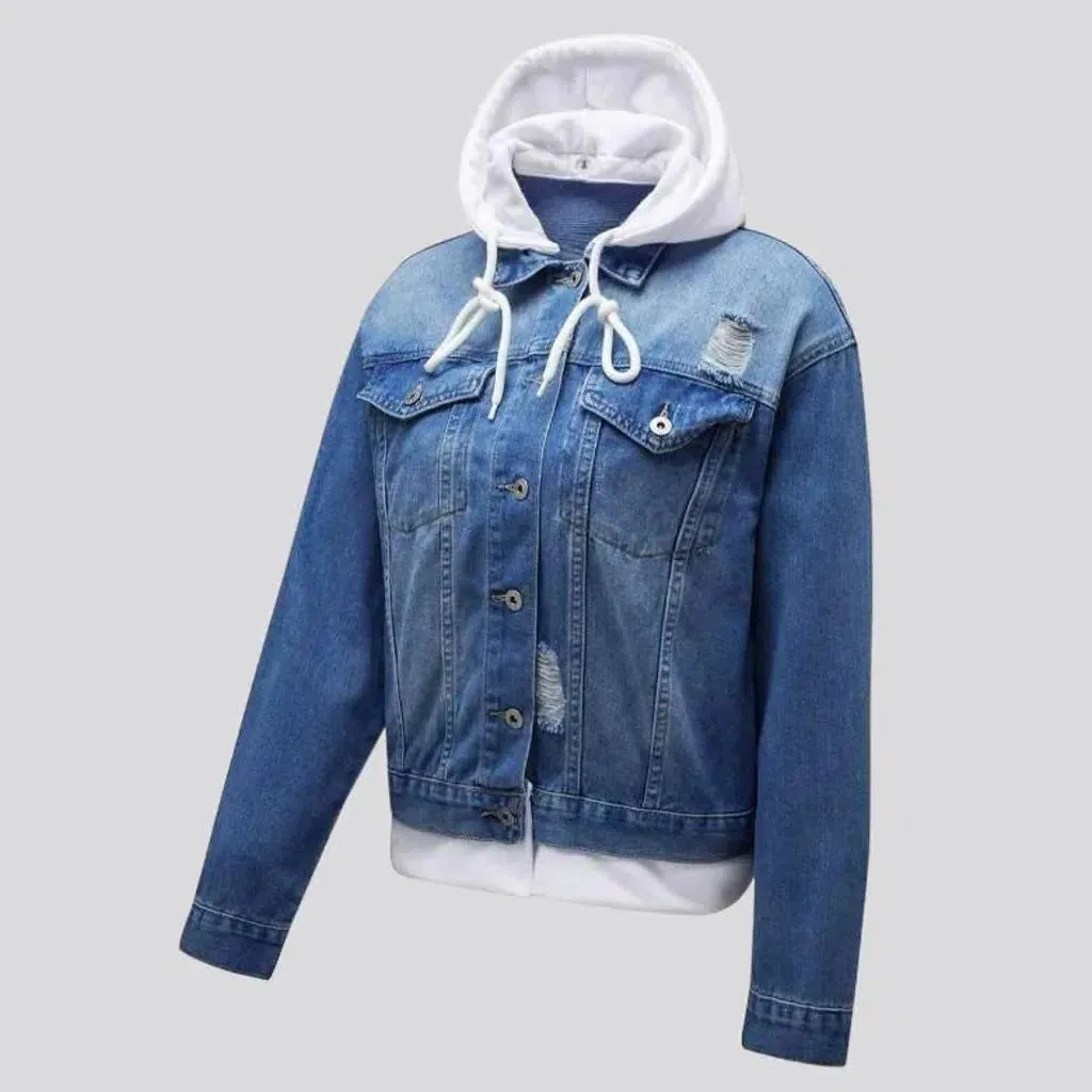 Hooded medium-wash jeans jacket for women