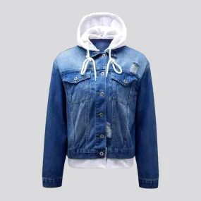 Hooded medium-wash jeans jacket for women