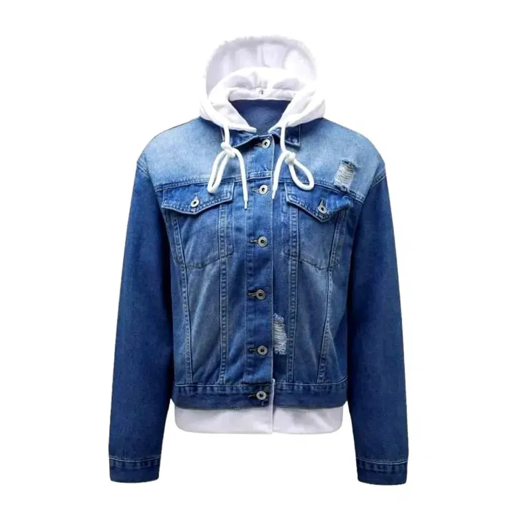 Hooded medium-wash jeans jacket for women