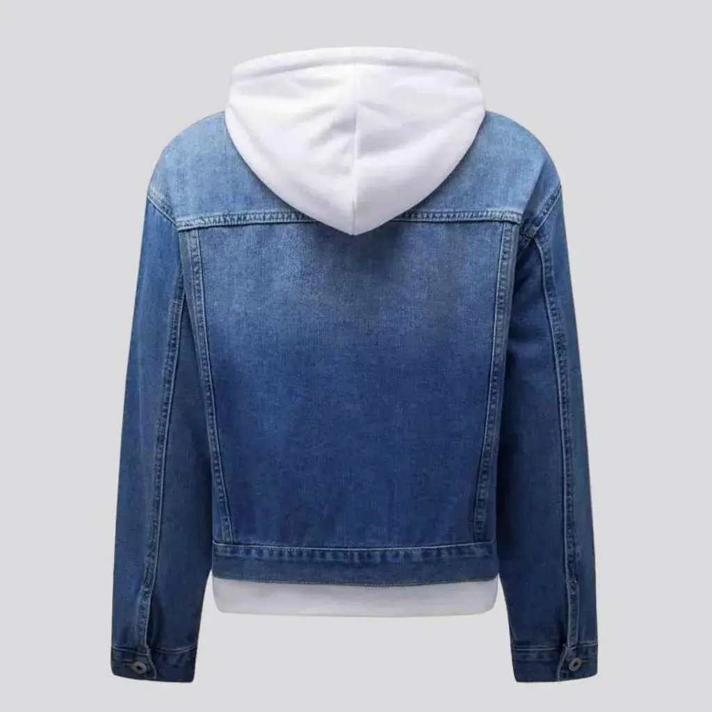 Hooded medium-wash jeans jacket for women