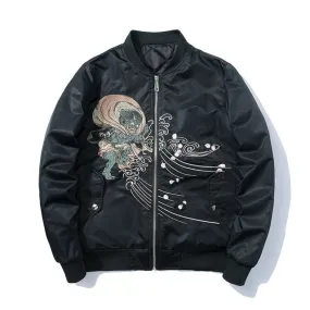 Japanese Buddha Embroidery Hip Hop Stand Collar Jacket