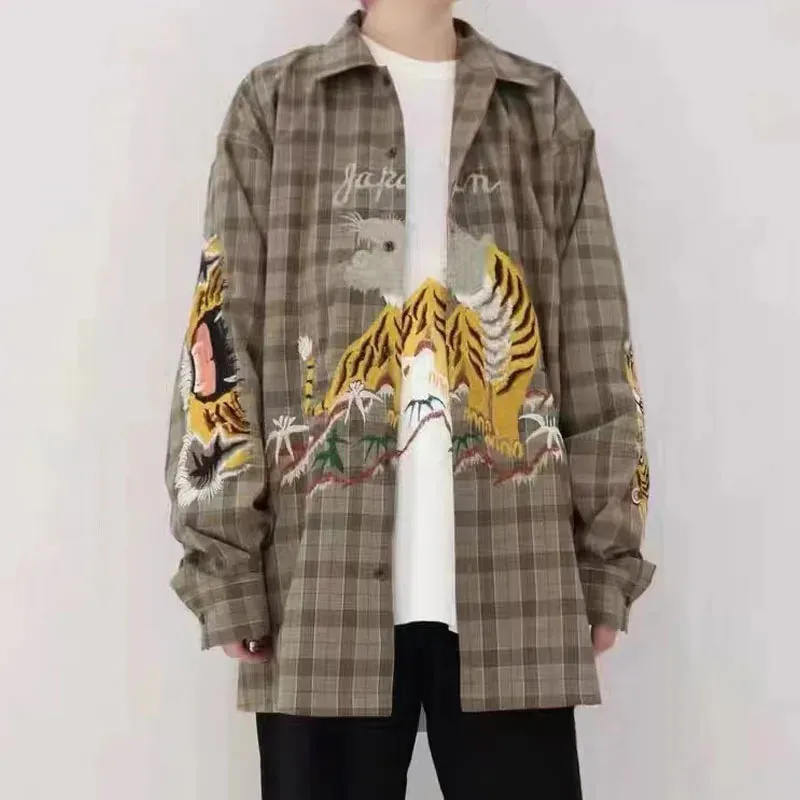 Japanese Retro Washed Tiger Embroidery Khaki Plaid Casual Shirt Jacket