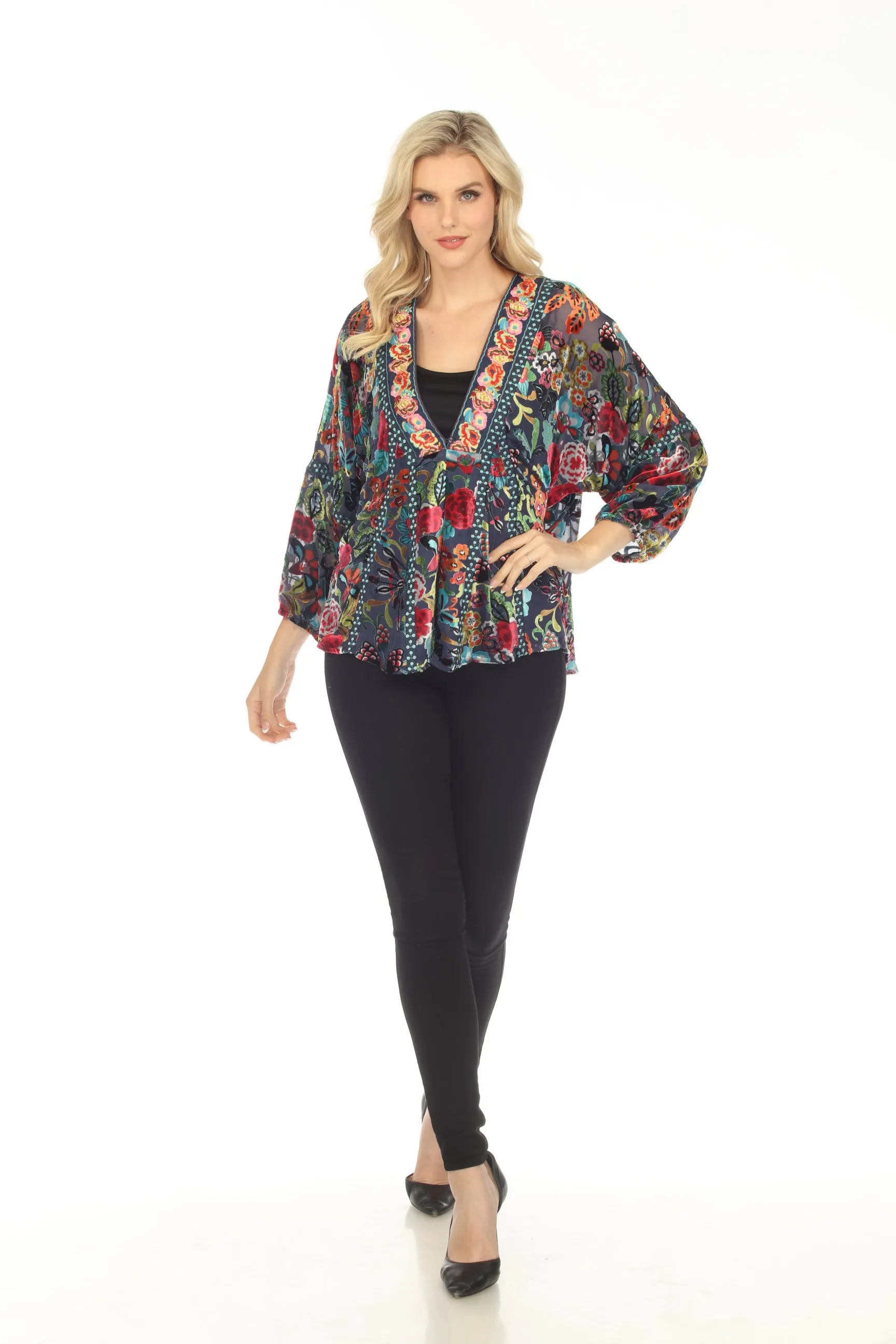 Johnny Was Minto Burnout Velvet Floral 3/4 Sleeve Kimono Jacket C49323AO