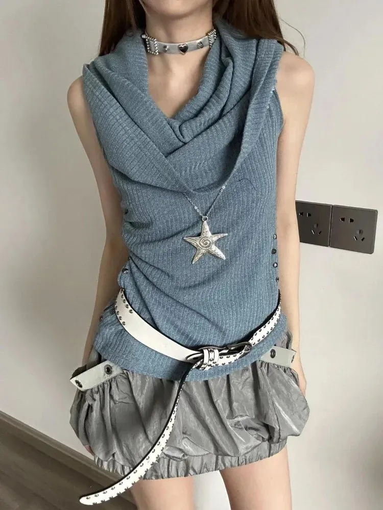 Joskaa Fashion Simple Slash Neck Hooded Tank Top 2024 Summer New Knitted Vest for Women Y2k E-Girl Sleeveless Bottoming Tops Mujer