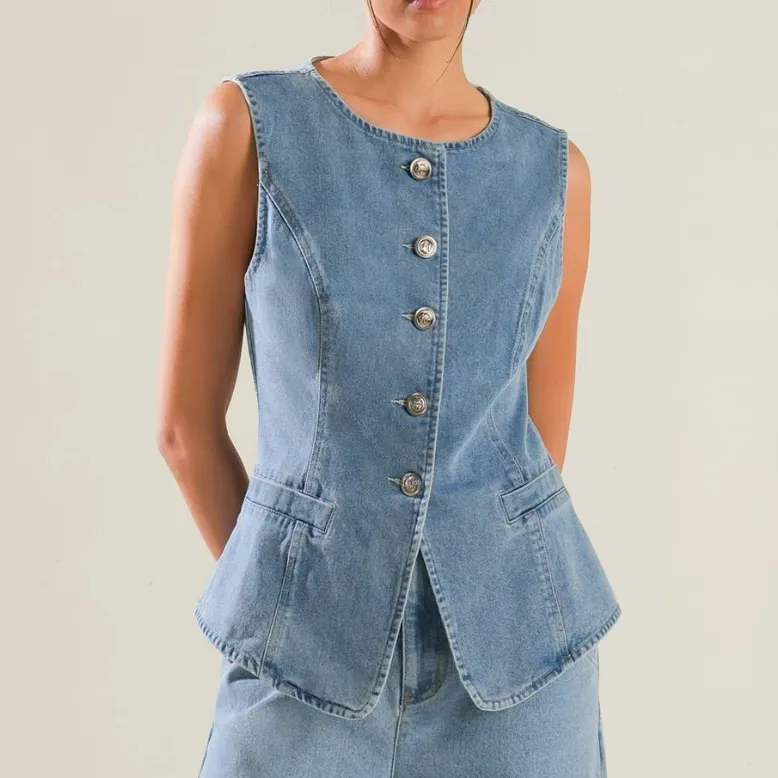 Kayley Washed Button Down Denim Vest