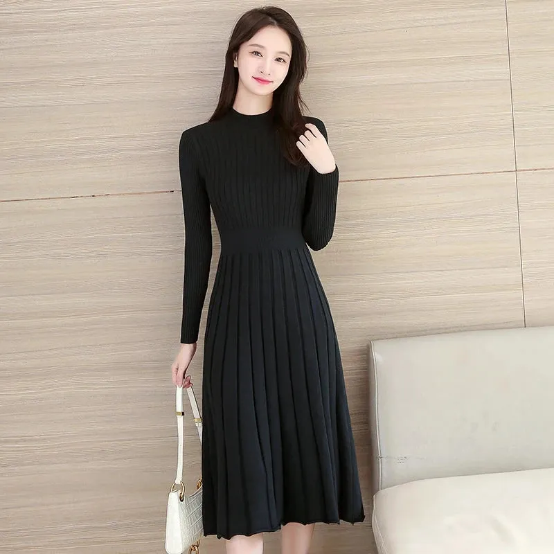 KIylethomasw Autumn Winter O Neck Thick Maxi Knit Sweater Pullovers Dress Women's Basic Aline Sweater Female Long Party Casual Office Dresses