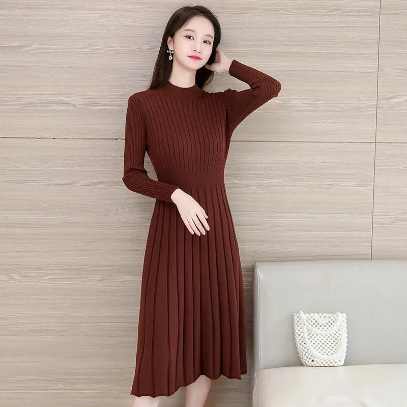 KIylethomasw Autumn Winter O Neck Thick Maxi Knit Sweater Pullovers Dress Women's Basic Aline Sweater Female Long Party Casual Office Dresses