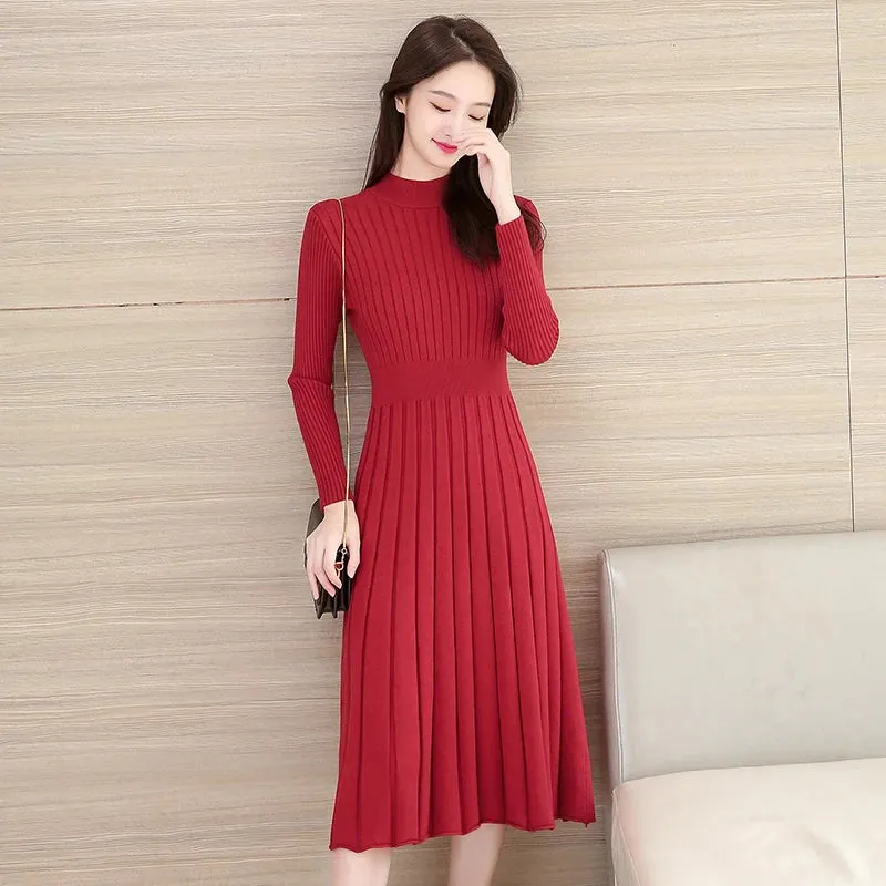 KIylethomasw Autumn Winter O Neck Thick Maxi Knit Sweater Pullovers Dress Women's Basic Aline Sweater Female Long Party Casual Office Dresses