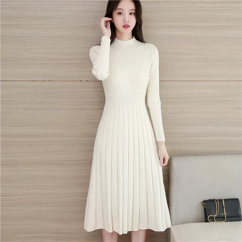 KIylethomasw Autumn Winter O Neck Thick Maxi Knit Sweater Pullovers Dress Women's Basic Aline Sweater Female Long Party Casual Office Dresses