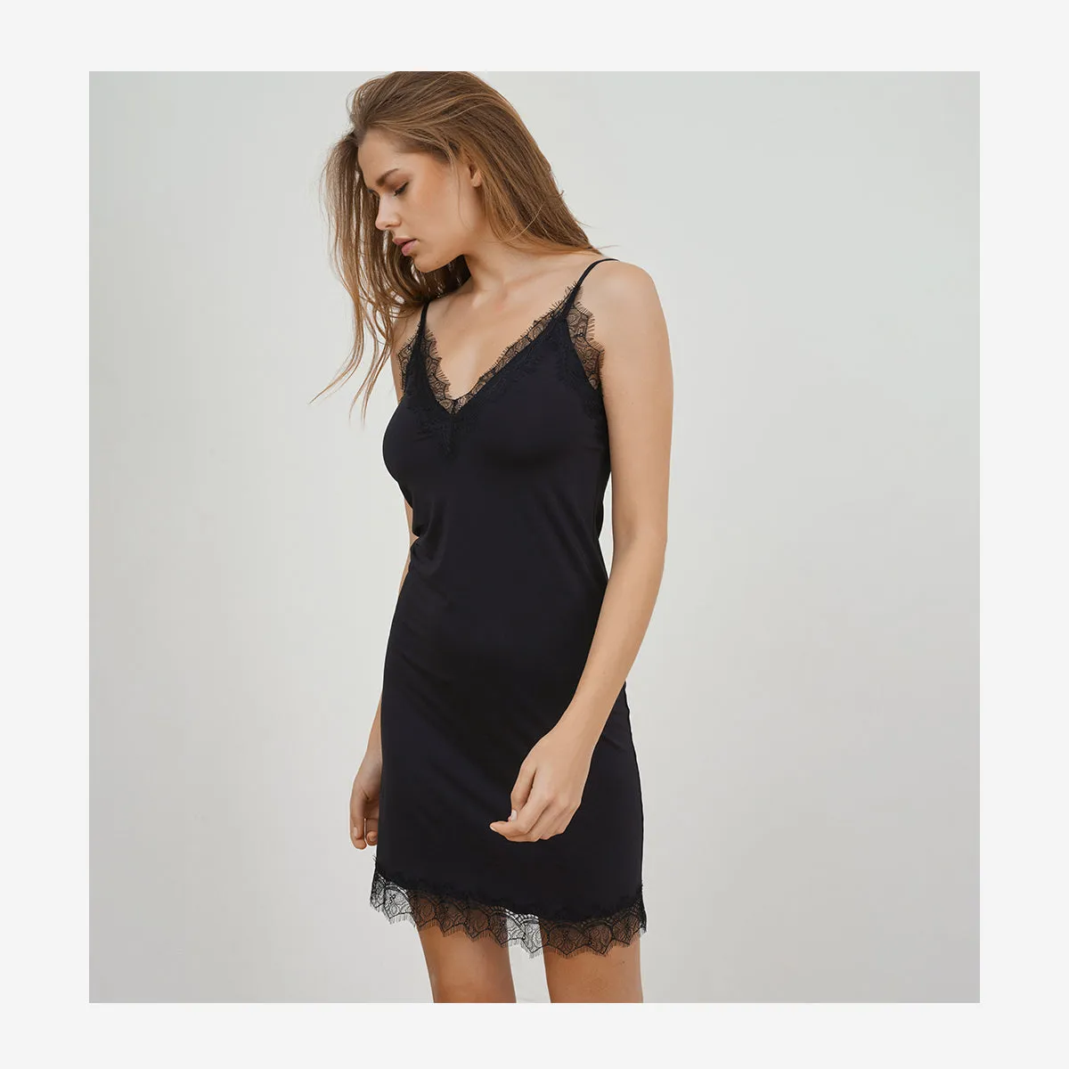 LACE EDGED STRAP DRESS - BLACK