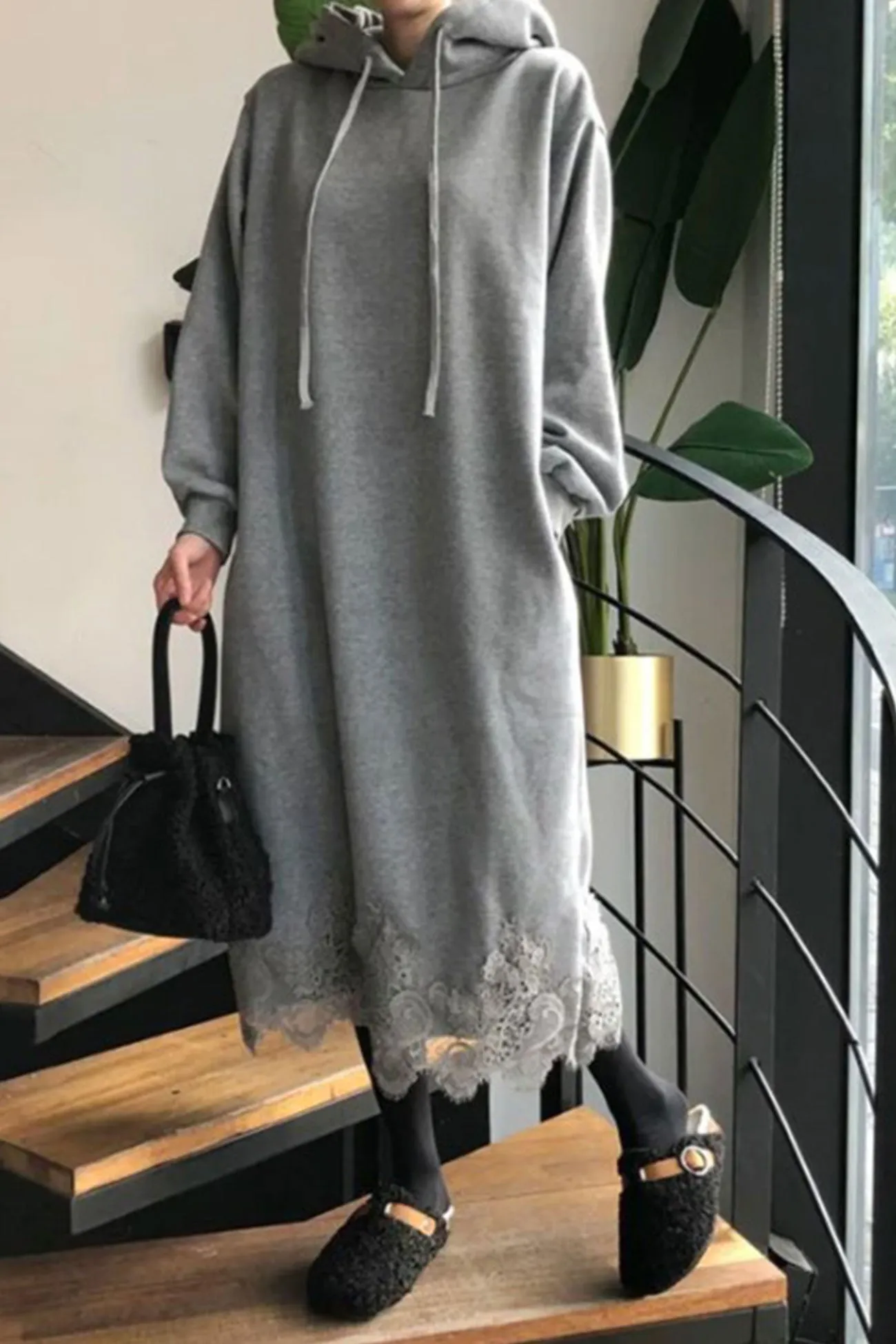 Lace Hem Hoodie Dress