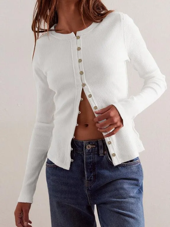 Ladies Button Down Pullover Bastic Layring Top Blouse SKT4831