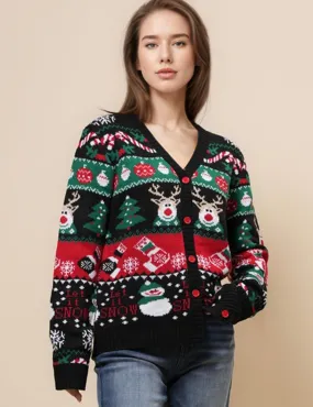 Ladies V-Neck Man Sweater Deer and Snow Cardigan SKT4929