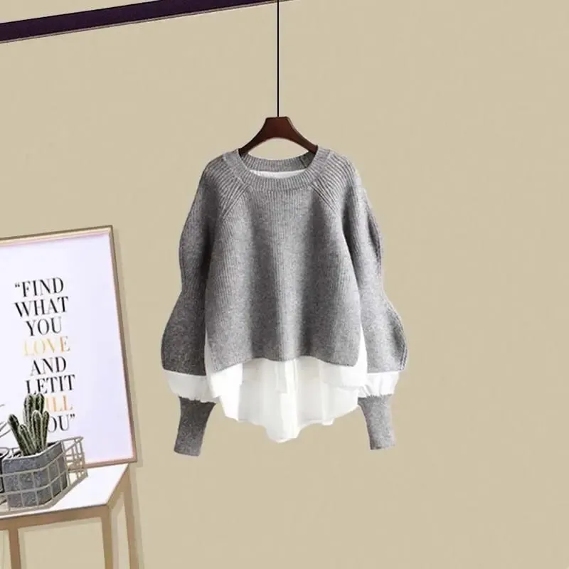 LANFUBEISI Spliced Knitted Sweater Shirt Pullover Slim Fit Half Skirt Two Piece Elegant Women's Dress Set Winter Outfits